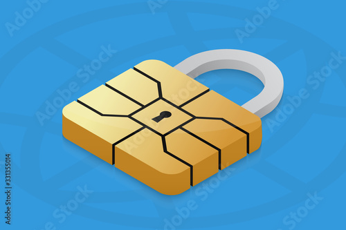 EMV chip padlock for credit card. Secure online banking payment. Nfc security technology