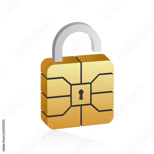 Golden EMV microchip in 3d style. Secure contactless banking payment.