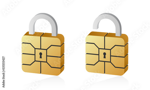 Golden EMV chip padlock for credit card. Secure online banking payment.