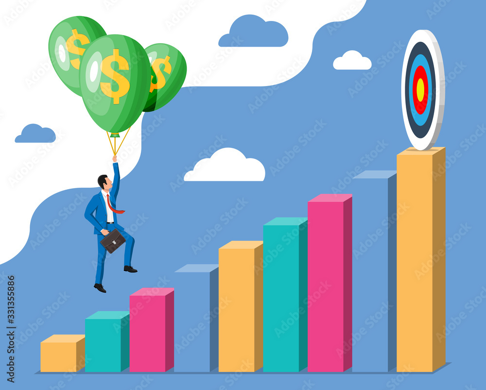 Businessman in suit flying a balloon over graph chart. Business man with briefcase and helium balloon with dollar sign. Concept of success career growth. Achievement and goal. Flat vector illustration Businessman in suit flying a balloon over graph chart. Business man with briefcase and helium balloon with dollar sign. Concept of success career growth. Achievement and goal. Flat vector illustration