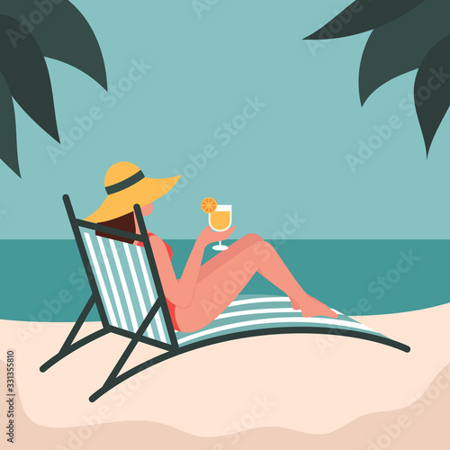 Young beautiful woman in a hat lies on a deck chair and drinks orange juice. Vacation at sea, relaxation, shore, sand. Flat vector illustration.