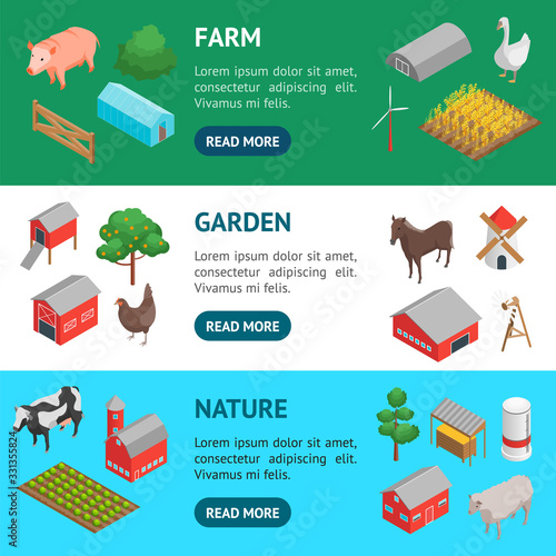 Farm Rural Concept Banner Horizontal Set 3d Isometric View. Vector