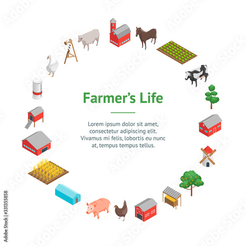 Farm Rural Concept Banner Card Circle 3d Isometric View. Vector