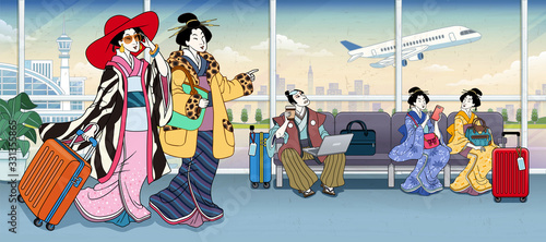 Ukiyo-e people in airport terminal