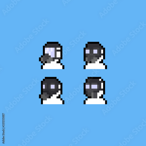 Pixel art white man wearing gas mask icon set.