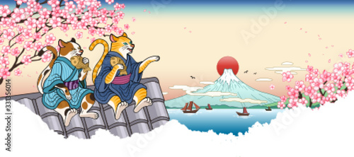 Tabby and calico cat in yukata