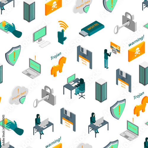 Hacker Attack Concept Seamless Pattern Background 3d Isometric View. Vector