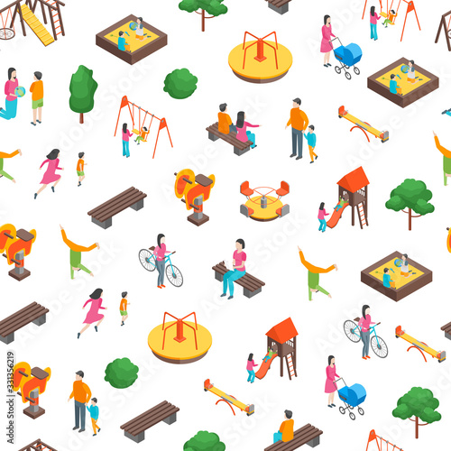 Children Park Concept Seamless Pattern Background3d Isometric View. Vector