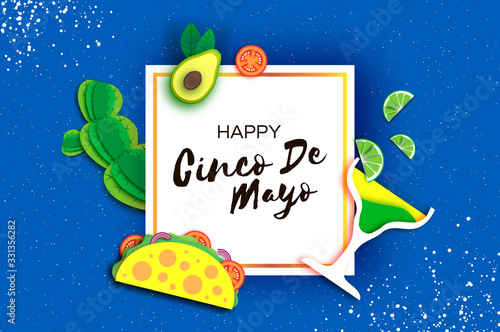 Happy Cinco de Mayo Banner. Fan, tacos. Coctail. Mexico, Carnival. Square frame. Space for text Blue background