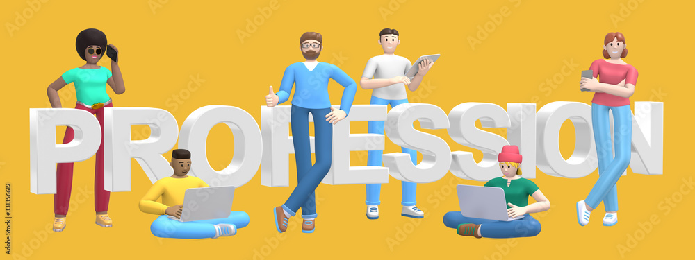 Group of young multiethnic successful people with laptop, tablet, phone and word profession on yellow background. Horizontal banner cartoon character and text website slogan. 3D rendering.