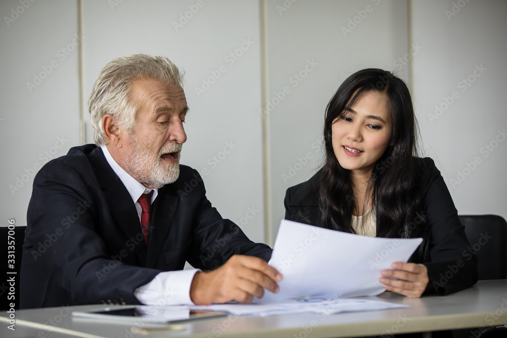 businessmen holding documents for business partners discussing  and share ideas at meeting and business women smiling happy for working