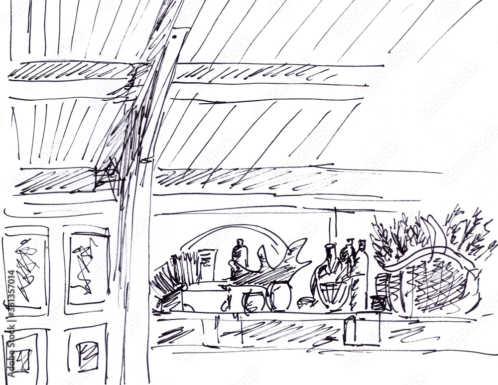 Fototapeta premium graphic black and white linear drawing cafe interior with wooden ceiling and beams