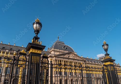 Royal Palace of Brussels with decorative fencing and lanterns in the foreground. The center of the capital of Belgium. © Kristina Maikova