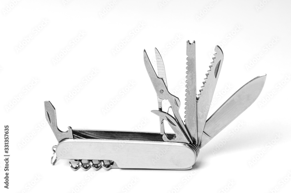 multi-function knife on white background close-up, mock-up, blank for your design multi-function knife on white background close-up, mock-up, blank for your design