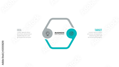 Business infographic template. Hexagon design with circle and marketing icons. Vector business process step with 2 options.
