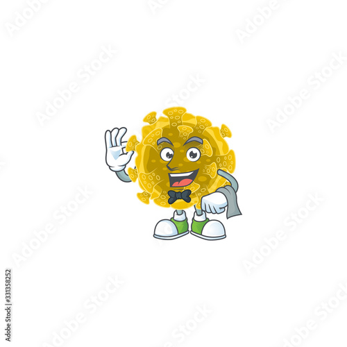 A character of infectious coronavirus waiter working in the restaurant