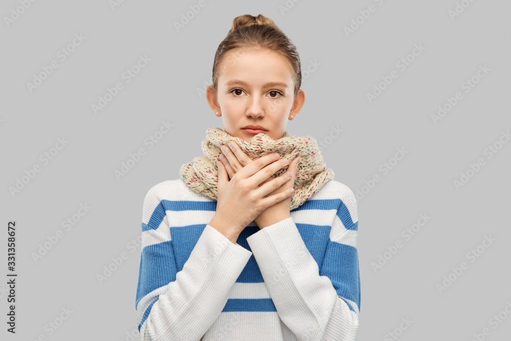 health, medicine and people concept - sad sick teenage girl in scarf over grey background health, medicine and people concept - sad sick teenage girl in scarf over grey background