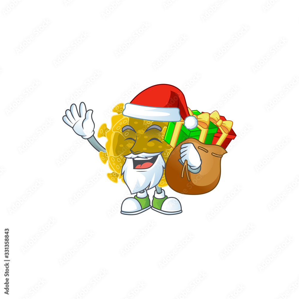 Infectious coronavirus Cartoon character of Santa with box of gift Infectious coronavirus Cartoon character of Santa with box of gift