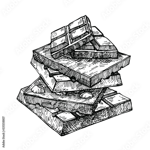 Hand drawn chocolate pyramid. Chocolate bar broken into pieces, appetizing realistic drawing. Illustration of choco bar on white background. 