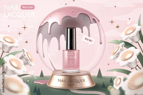 Pink nail lacquer in snow globe ads