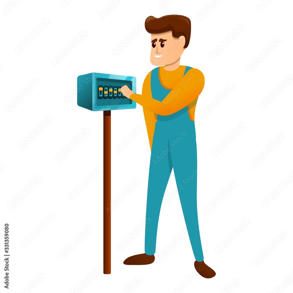 Man and electrical switch icon. Cartoon of man and electrical switch vector icon for web design isolated on white background Man and electrical switch icon. Cartoon of man and electrical switch vector icon for web design isolated on white background