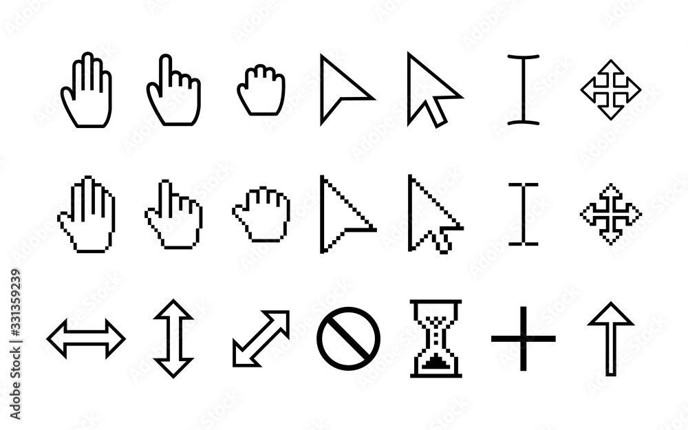 Set pointer cursor icons. Arrow web cursors, digital hand pointers pictograms. Clicking and grab hand pixel icon. Vector illustration eps10