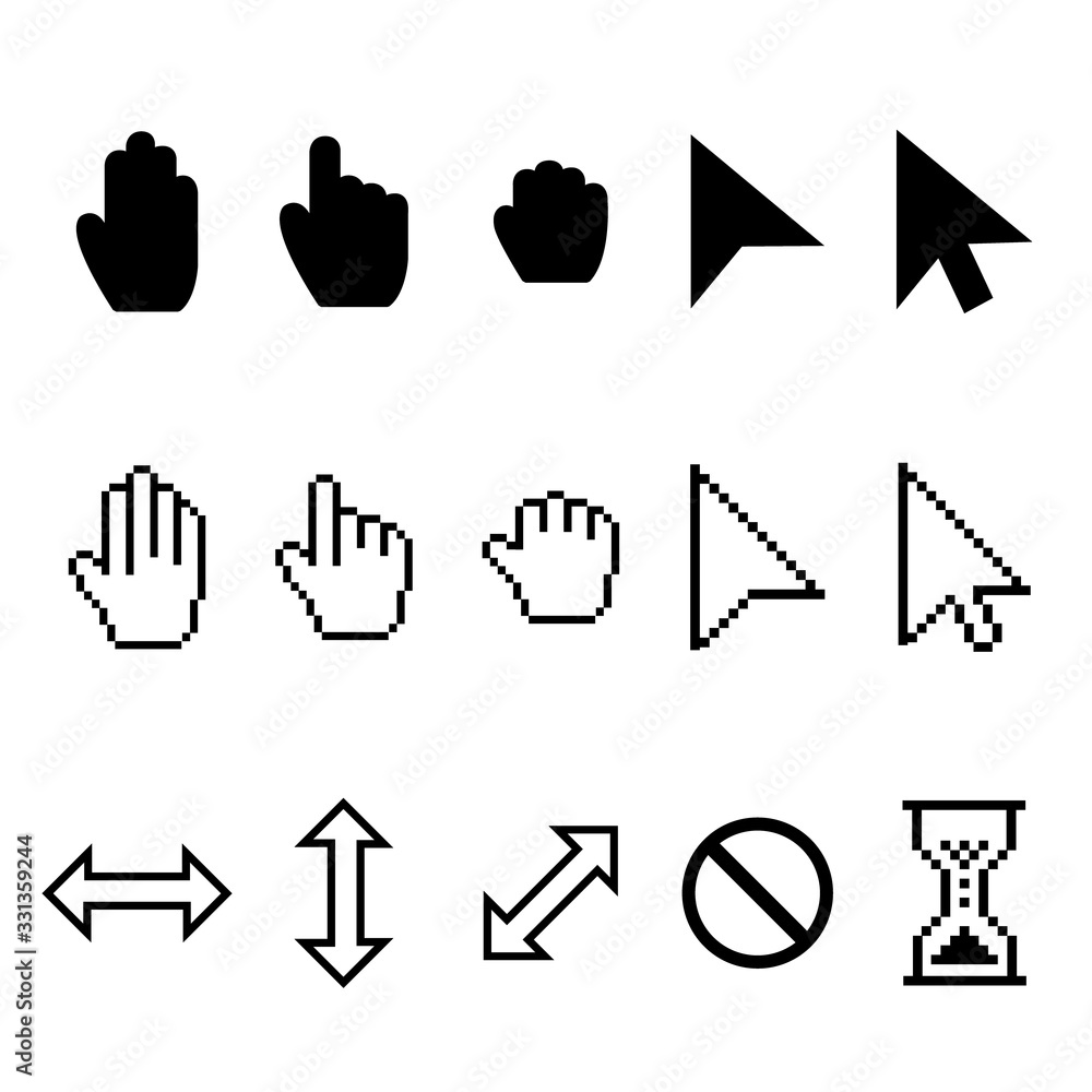 Set pointer cursor icons. Arrow web cursors, digital hand pointers