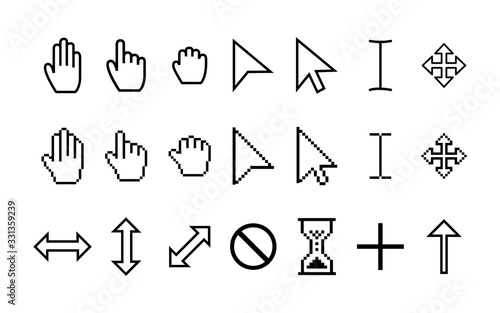 Set pointer cursor icons. Arrow web cursors, digital hand pointers pictograms. Clicking and grab hand pixel icon. Vector illustration eps10