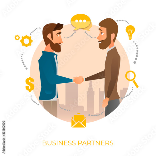 Cooperation. Organization collaboration. Business porters a successful team. The investor holds money in ideas. Concept business, Teamwork, Partner. Vector illustration on white background