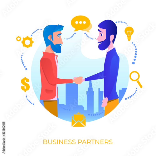 Cooperation. Organization collaboration. Business porters a successful team. The investor holds money in ideas. Concept business, Teamwork, Partner. Vector illustration on white background