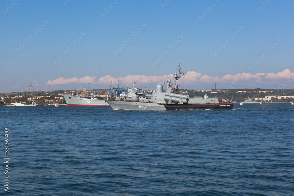 R-239 missile boat Naberezhnye Chelny goes along the Sevastopol Bay, Crimea