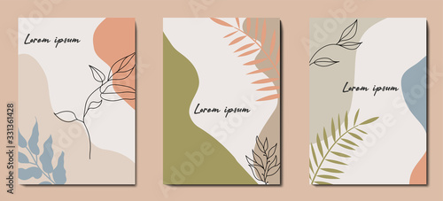 Modern abstract background with minimalism. Calm, pastel colors in brown tones. Plant elements. Wedding invitation design. Graphic design geometric shape. Creative vector concept.