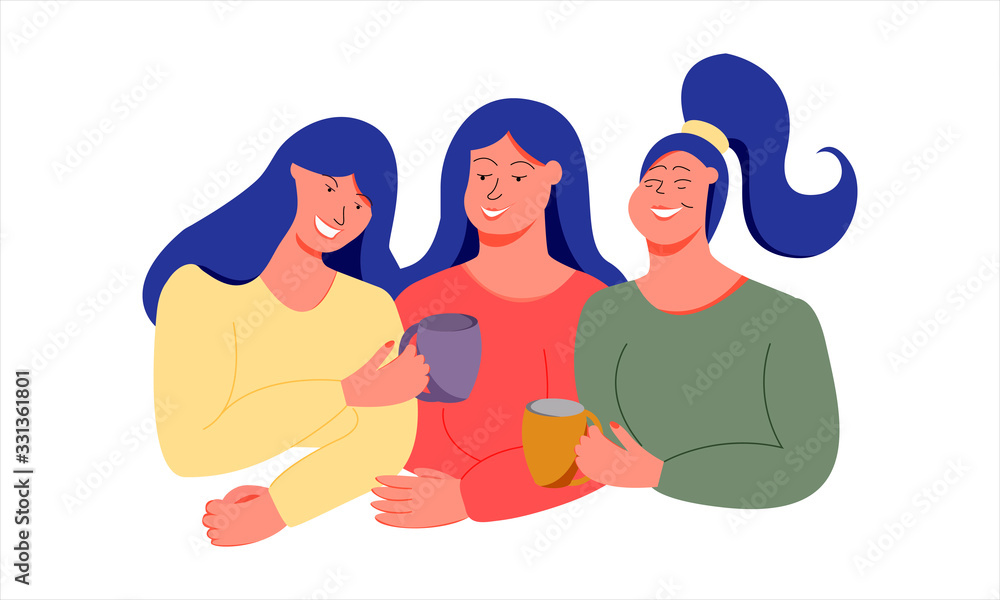 Three smiling women are drinking tea or coffee. Women Friendship. Live communication. Vector. Flat cartoon style. Isolated on a white background.