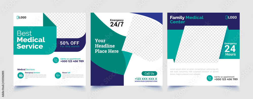 Healthcare post template. Medical promotion square web banner. Mail newsletter layouts. Social media healthcare post. Special offer banner. Sale and discount backgrounds. Medical vector template