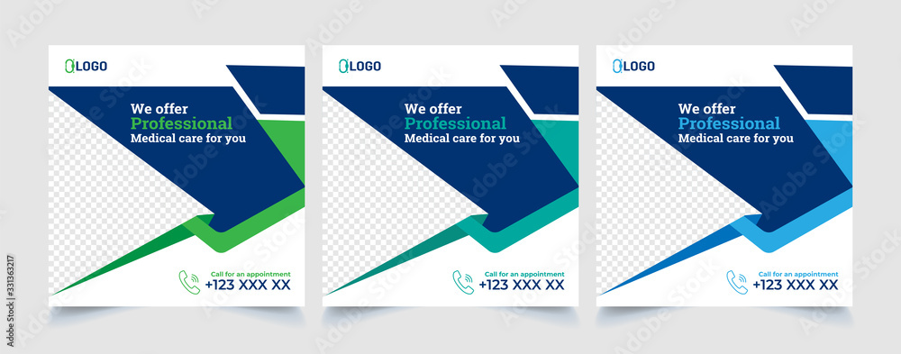 Healthcare post template. Medical promotion square web banner. Mail newsletter layouts. Social media healthcare post. Special offer banner. Sale and discount backgrounds. Medical vector template
