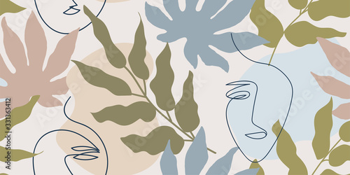 Muted, beige and brown seamless pattern with abstract tropical leaves and one line faces.