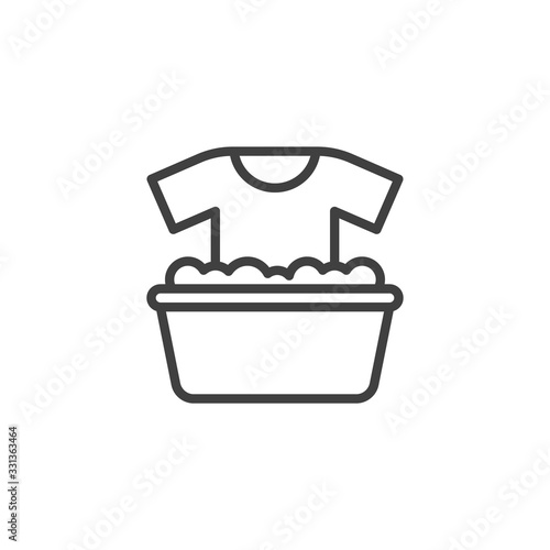Washing clothes line icon. linear style sign for mobile concept and web design. T-shirt and plastic basin with foam outline vector icon. Symbol, logo illustration. Vector graphics