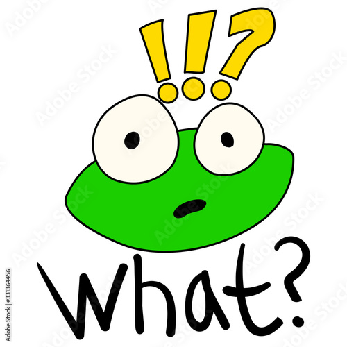 Surprised green toad. A character with wide-eyed eyes. Shocked frog with the phrase "What?" Emotion of spontaneous incident and misunderstanding. Stock character for stickers, logo and print.