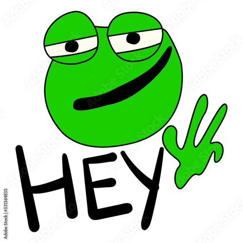 Green toad with an insidious grin. Greeting emotion with the word "Hey". Vector character, for stickers, children’s book, logo, icon, print and banner. Stock image on a white background.