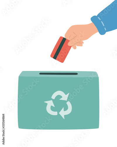 Hand drops off used plastic cards into bin for recycling. Safe disposal of gift or loyalty plastic cards. Hand drawn vector illustration on white background