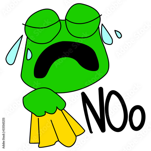 Killed by sadness, a crying toad. The frog holds a scarf and sheds tears. Emotion of grief and frustration. Cry of the word "no" Green amphibian animal on a white background. Stock cartoon character.
