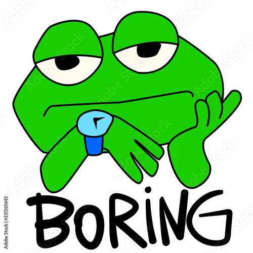 Bored green toad. Frog looking at the clock. Lettering of the word "boring." Defocused and sad character. Vector amphibian for stickers, logo and emblem. Color cartoon image for stock.