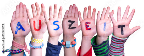 Children Hands Building Colorful German Word Auszeit Means Downtime. White Isolated Background