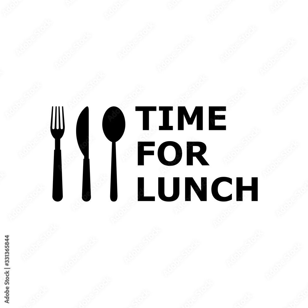 Time for lunch text with spoon, fork and knife on white background Time for lunch text with spoon, fork and knife on white background