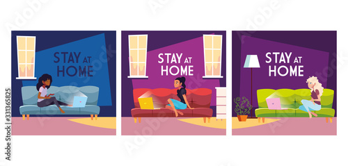 set of card with stay at home label by coronavirus