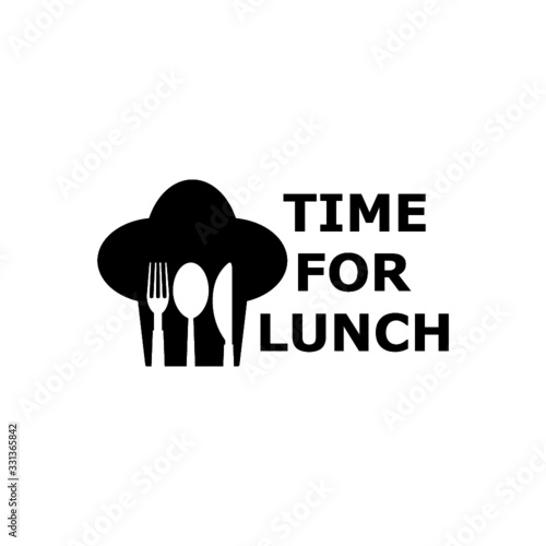 Time for lunch text with spoon, fork and knife on white background