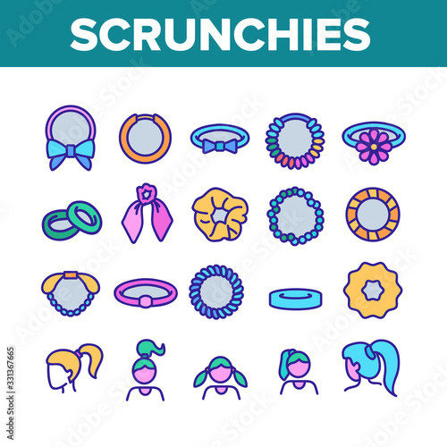 Hair Scrunchies Bands Collection Icons Set Vector. Hair Scrunches Headband Fabric Elastic Accessory Decorated Bow And Flower Concept Linear Pictograms. Color Contour Illustrations