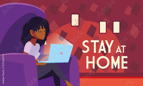 stay at home awareness social media campaign and coronavirus prevention, woman in the living room