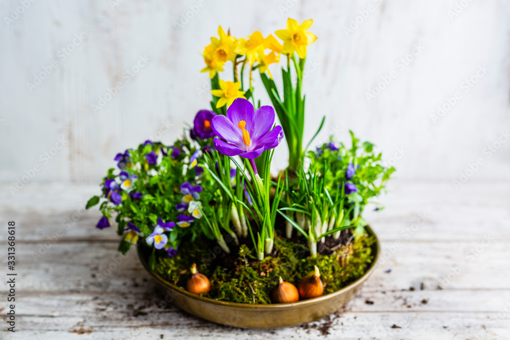 Spring decoration with blooming flowers.