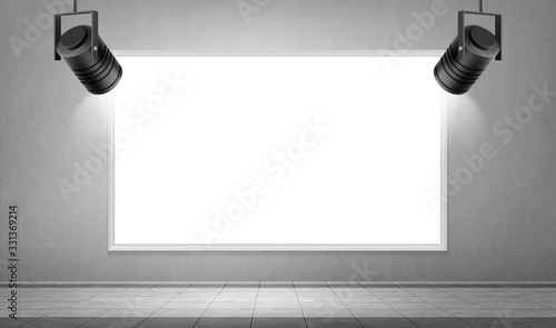 Empty white frame and hanging spotlights in museum or gallery hall. Vector realistic mockup of studio interior with blank picture with border on wall illuminated by lamps
